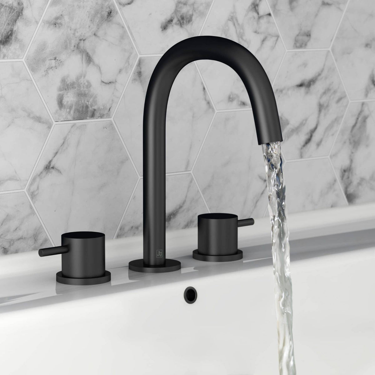 Sleek black bathroom taps with a modern matte finish, fitted on a white bathtub against a stylish white marble hexagon tiled wall. Perfect for contemporary bathroom design and water efficiency.