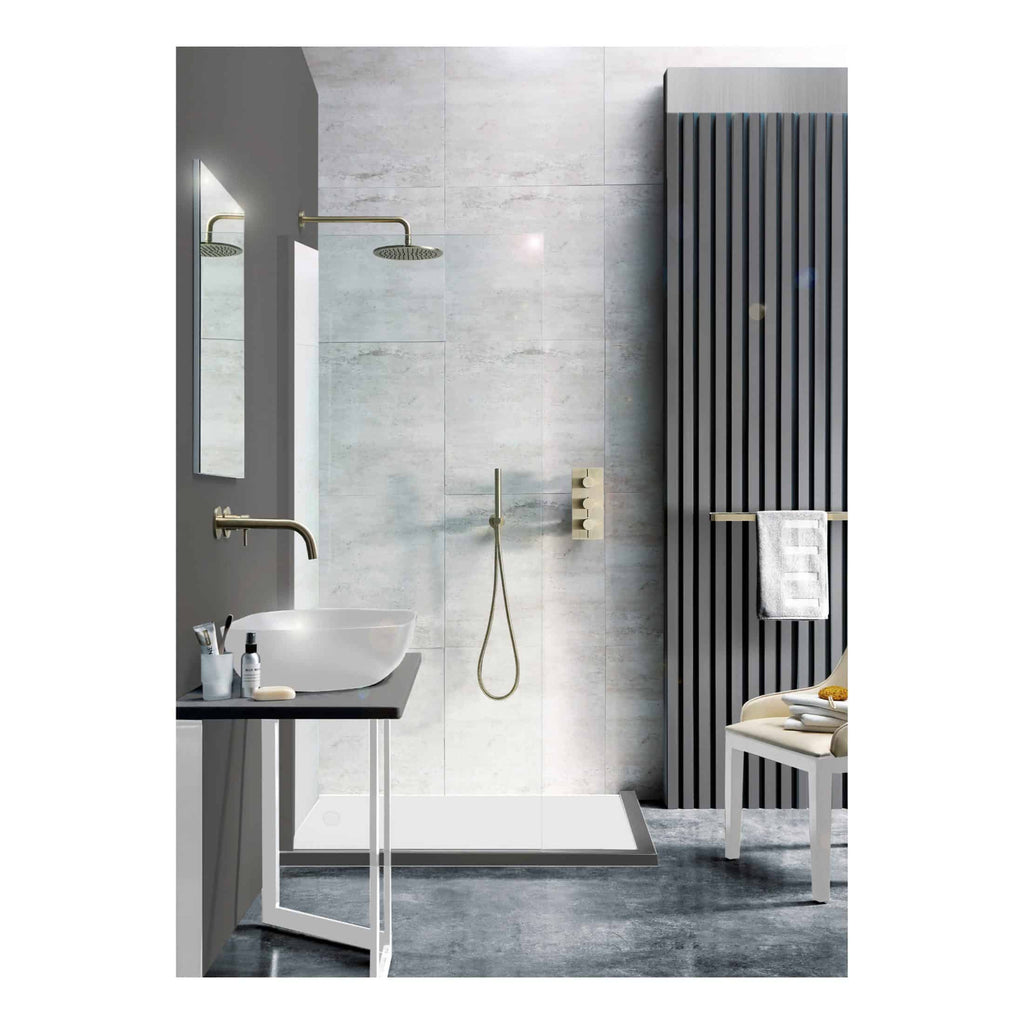 Modern minimalist bathroom with walk-in shower, sleek grey tiles, and contemporary fixtures, showcasing stylish and functional Bubly bathroom design ideas.