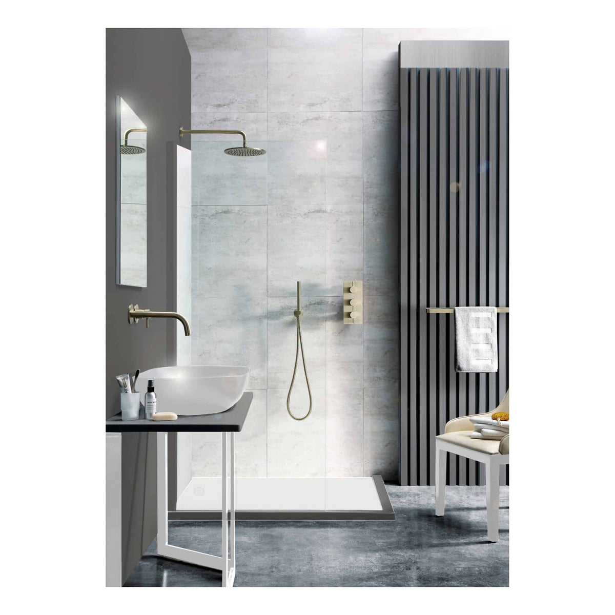 Modern minimalist bathroom with walk-in shower, sleek grey tiles, and contemporary fixtures, showcasing stylish and functional Bubly bathroom design ideas.