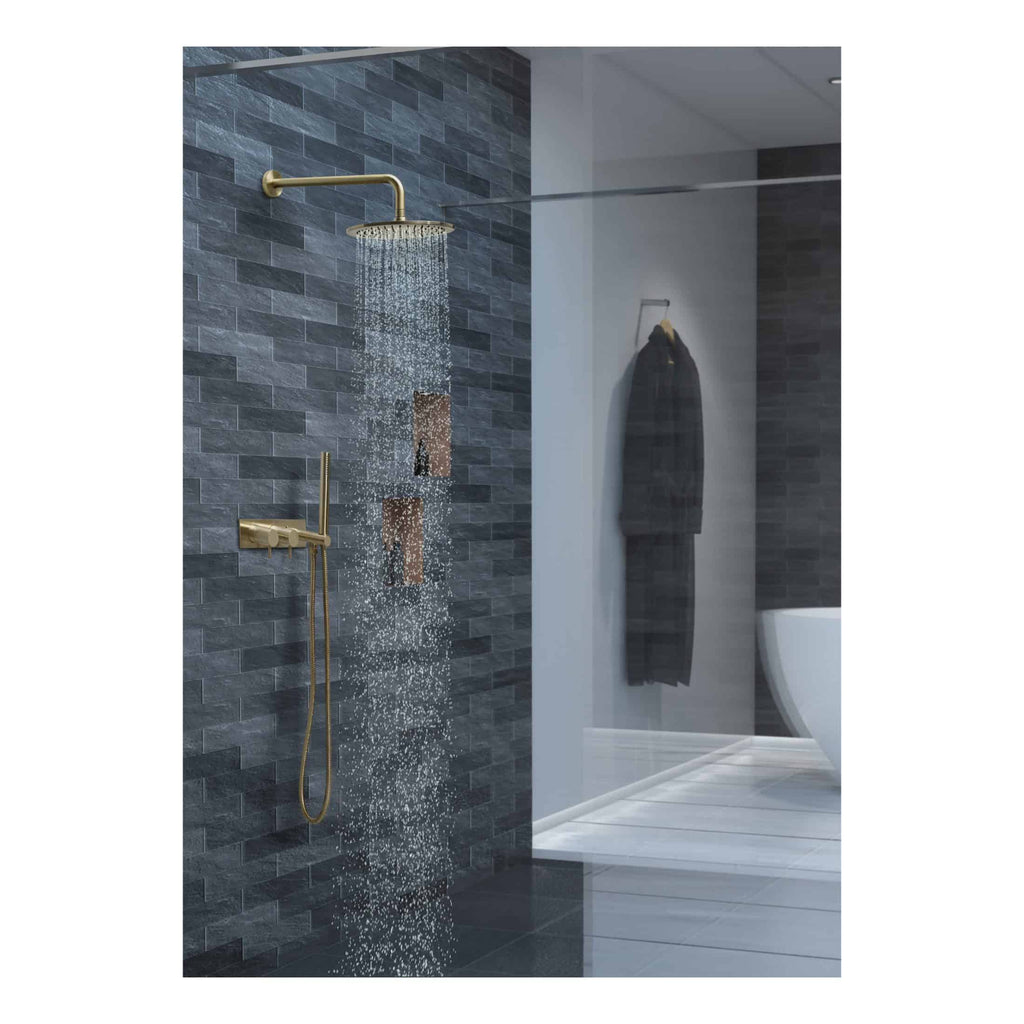 Showerhead with rainfall feature and adjustable hand-held shower in modern bathroom, featuring grey tiled wall and sleek fixtures for luxury bathing.