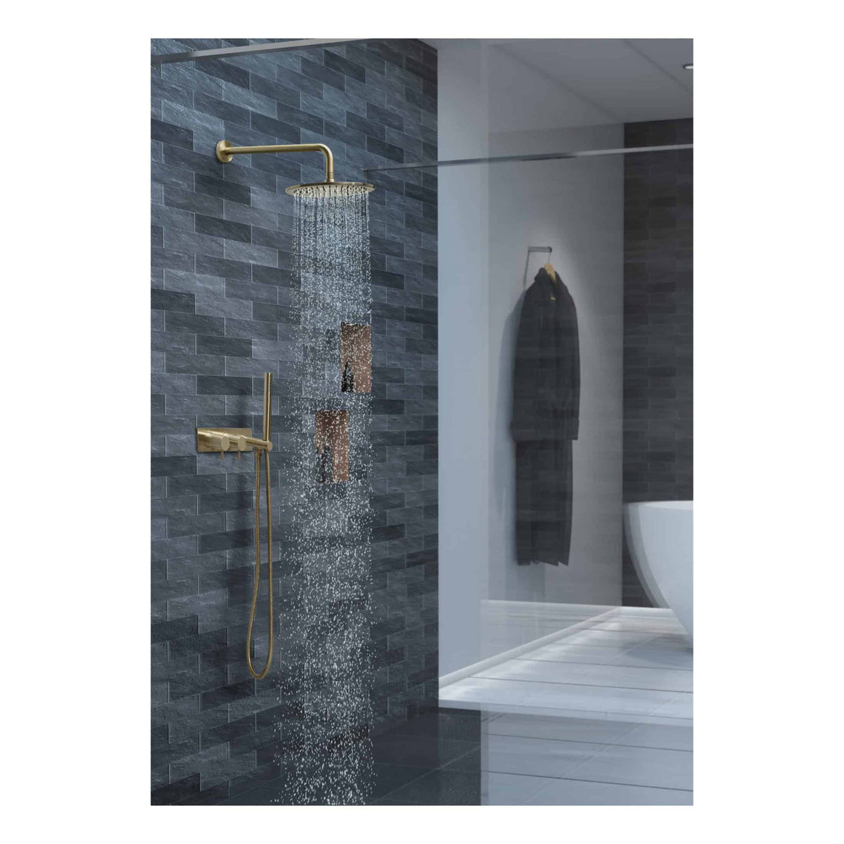 Showerhead with rainfall feature and adjustable hand-held shower in modern bathroom, featuring grey tiled wall and sleek fixtures for luxury bathing.