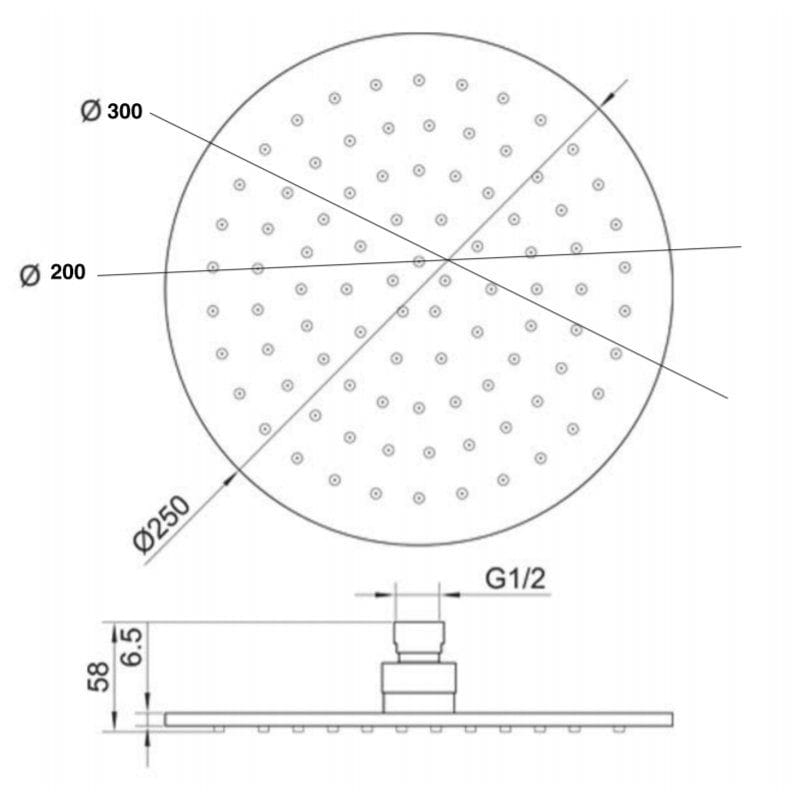 Round shower head diagram with detailed measurements, including diameter options of 200mm, 250mm, and 300mm, and G1/2 connection. Ideal for modern bathroom upgrades and high-quality shower fittings.