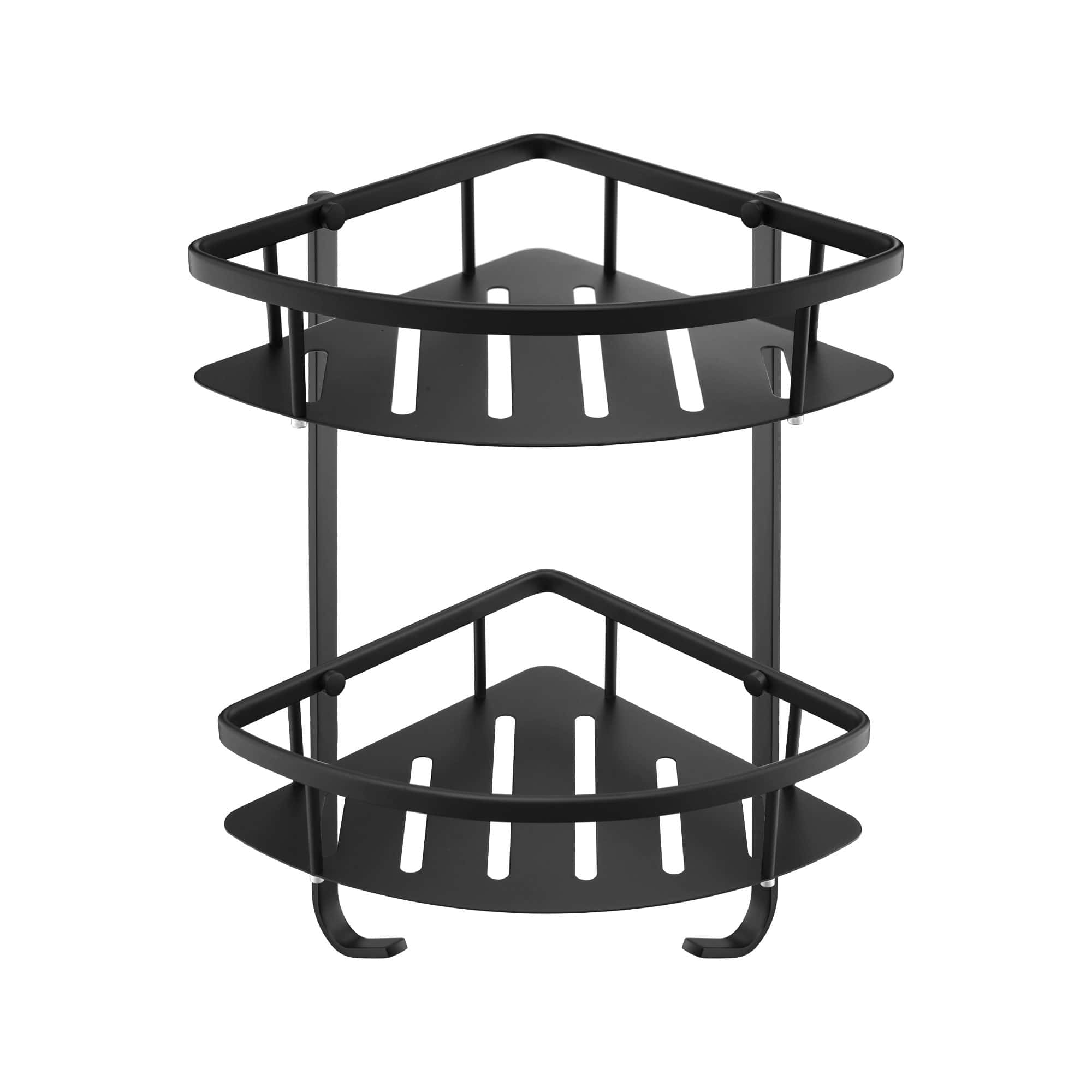 Sleek black two-tier bathroom corner storage rack designed for organising toiletries and shower essentials in modern bathrooms. Durable metal construction with slotted shelves for drainage.