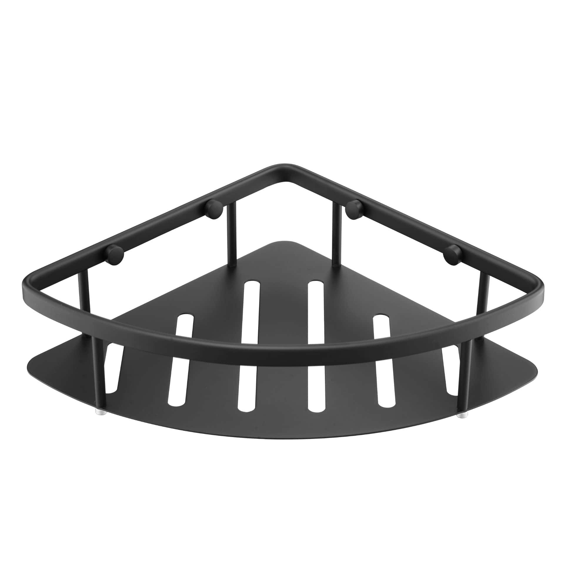 Stacked black corner shower shelf for bathroom storage with slotted tray and protective railing, designed for organising shower essentials. Ideal for modern bathroom decor.