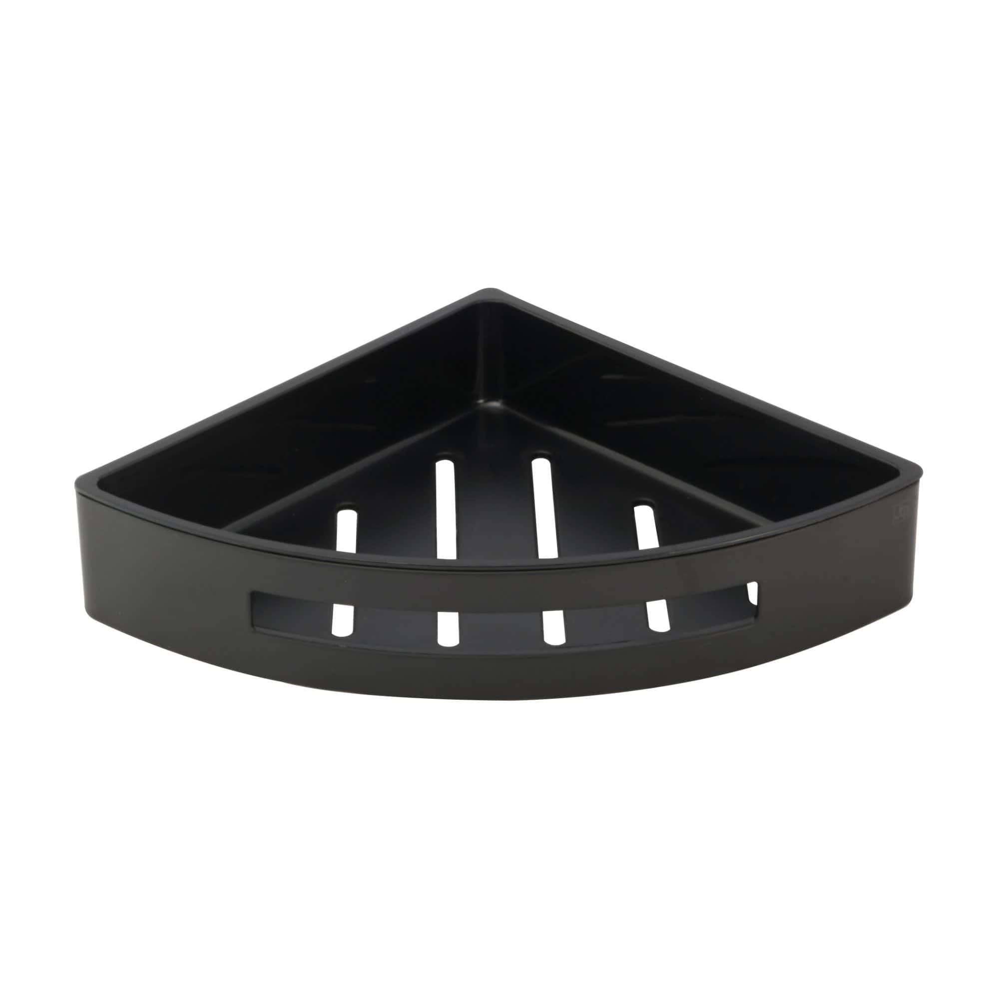 Sleek black corner soap dish holder suitable for modern bathrooms, featuring drainage slots to keep soap dry and fresh. Perfect for enhancing organisation and style in bathroom spaces.