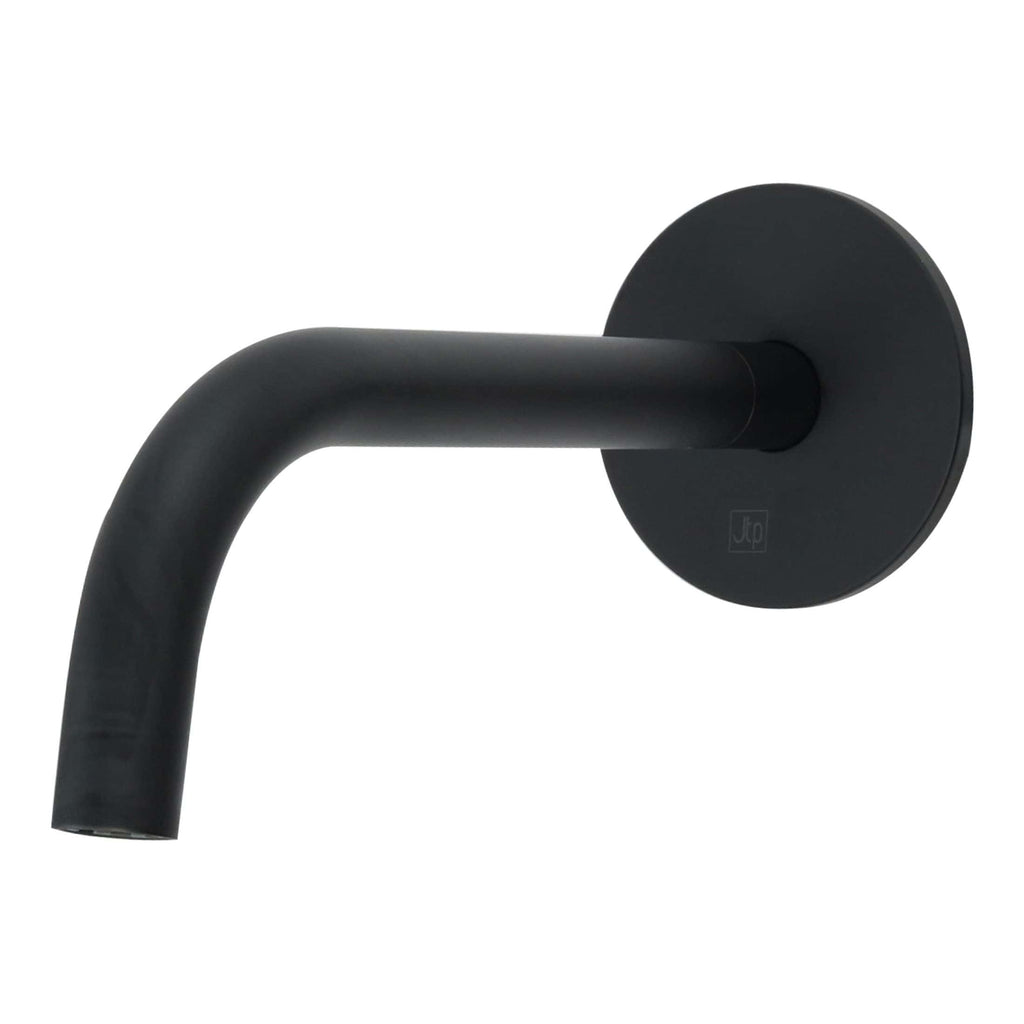 Black matte wall-mounted bathroom faucet with curved spout, modern minimalist design, suitable for contemporary bathroom renovations and stylish water fixtures.