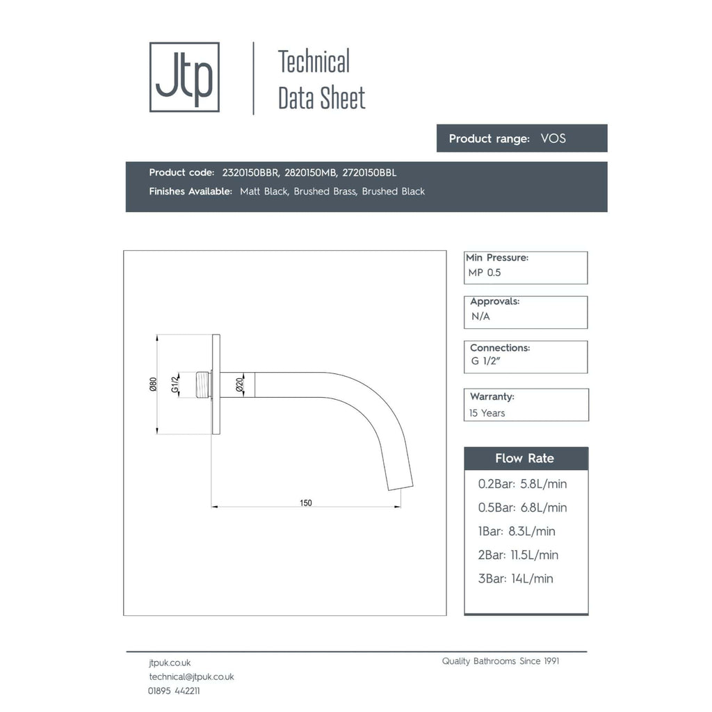 Vessel-style bathroom tap with sleek chrome finish, 150mm spout length, G 1/2" connection, and technical specifications for installation and flow rate.