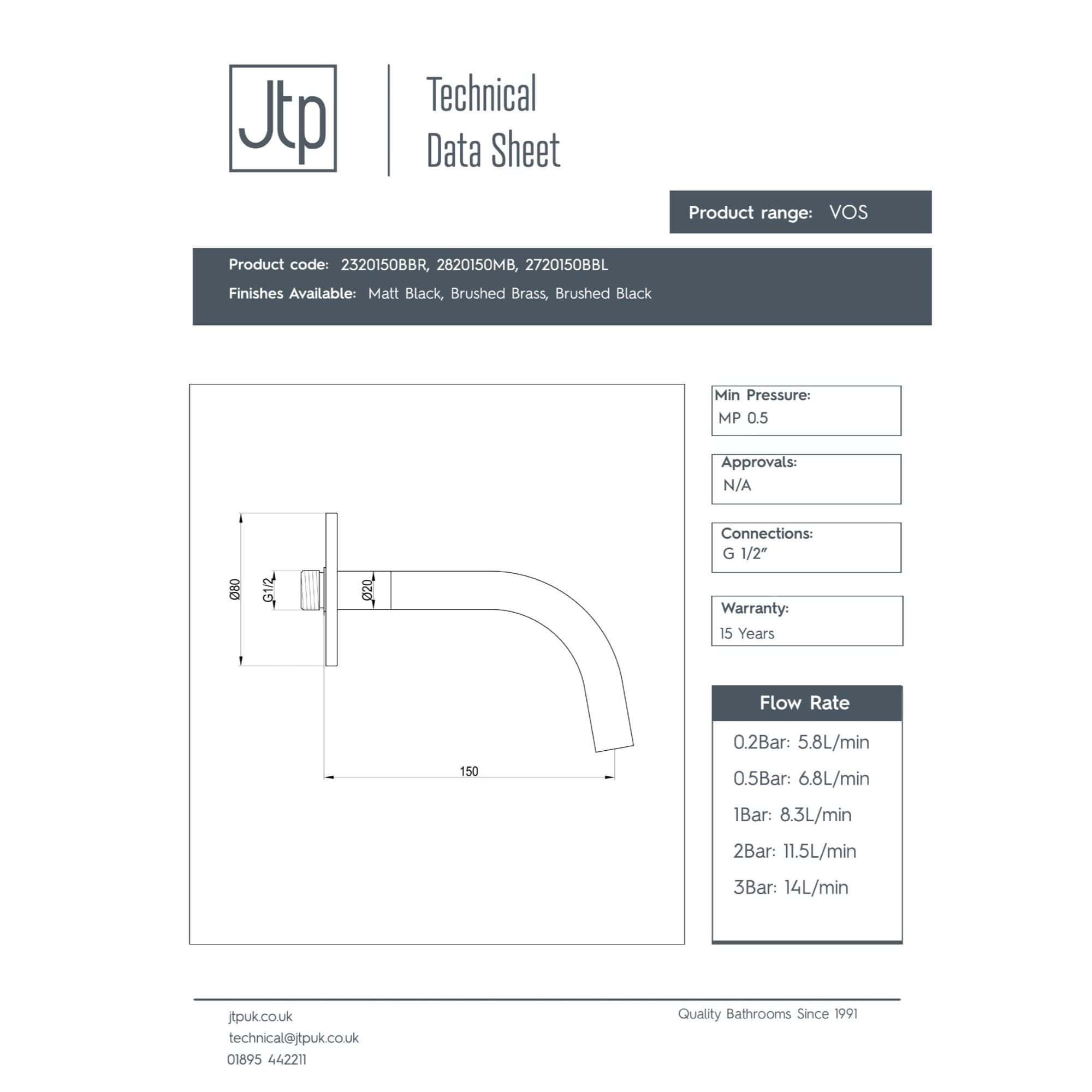Vessel-style bathroom tap with sleek chrome finish, 150mm spout length, G 1/2" connection, and technical specifications for installation and flow rate.