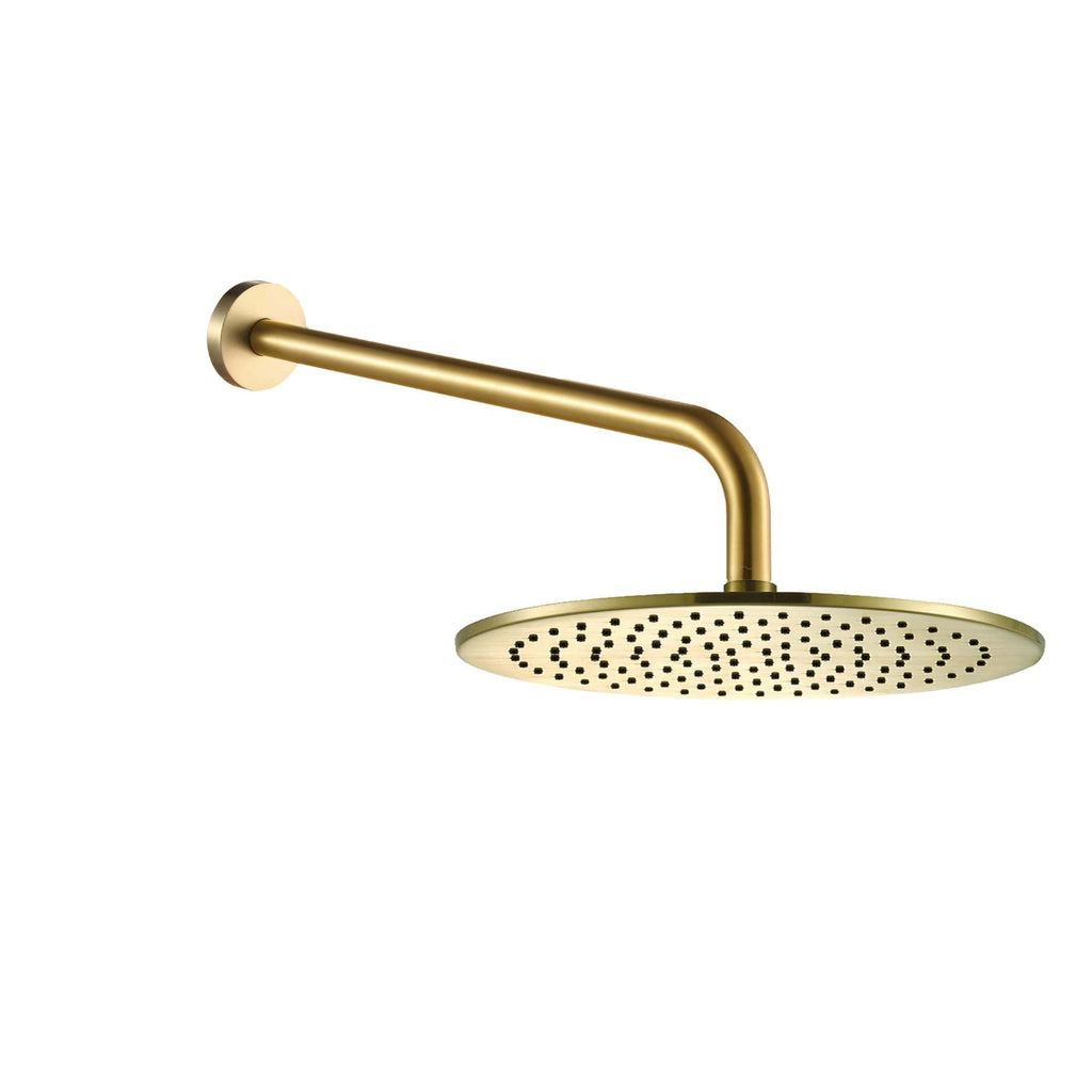 Modern gold rain shower head for luxurious bathroom upgrades, featuring sleek brass finish and adjustable arm for enhanced shower experience.