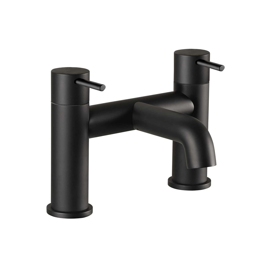 Sleek black bathroom tap with dual handles, modern design for stylish bathrooms, durable metal construction, ideal for contemporary or minimalist bathroom decor.