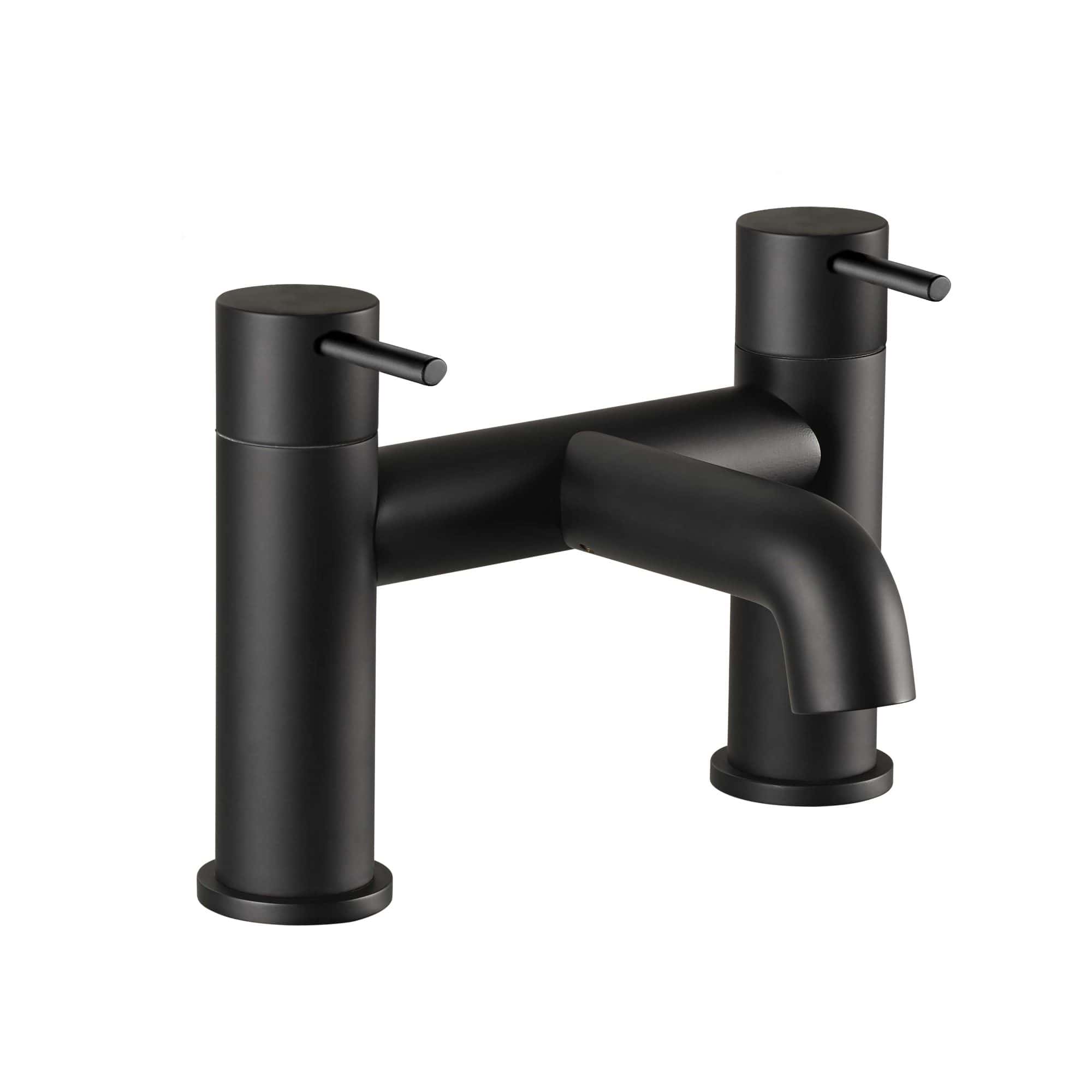 Sleek black bathroom tap with dual handles, modern design for stylish bathrooms, durable metal construction, ideal for contemporary or minimalist bathroom decor.