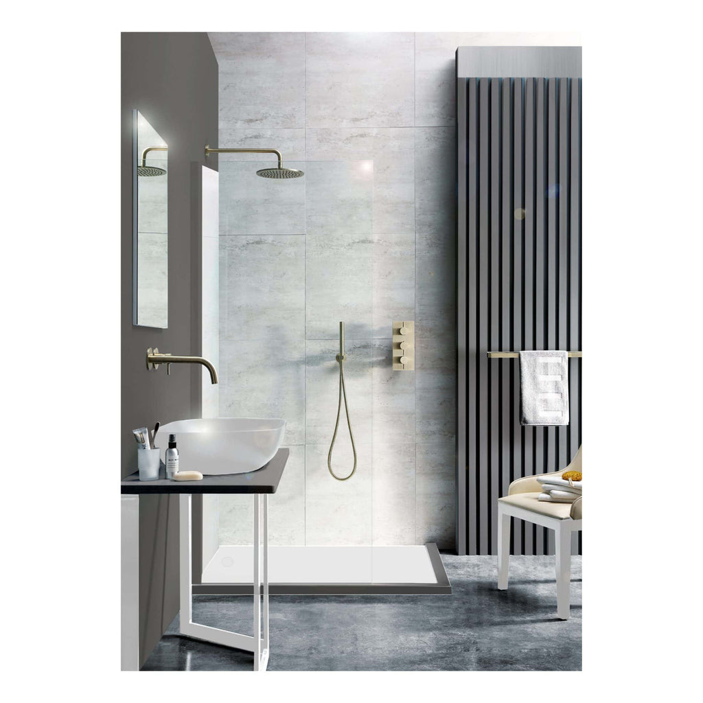 Sleek modern bathroom featuring walk-in shower with rainfall showerhead and minimalist sink with brass fixtures, contemporary grey walls, black timber panel and cosy seating area with towel rack, stylish bathroom design.