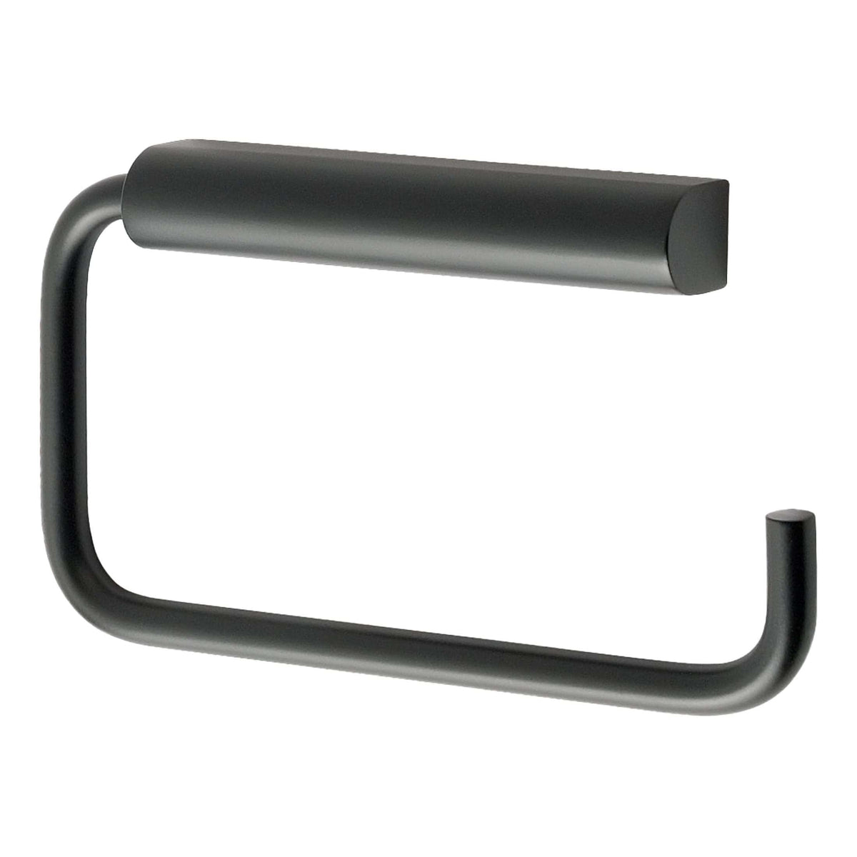 Sleek modern toilet paper holder in matte black finish, designed for contemporary bathrooms, combining style and functionality for a clean, minimalist look.