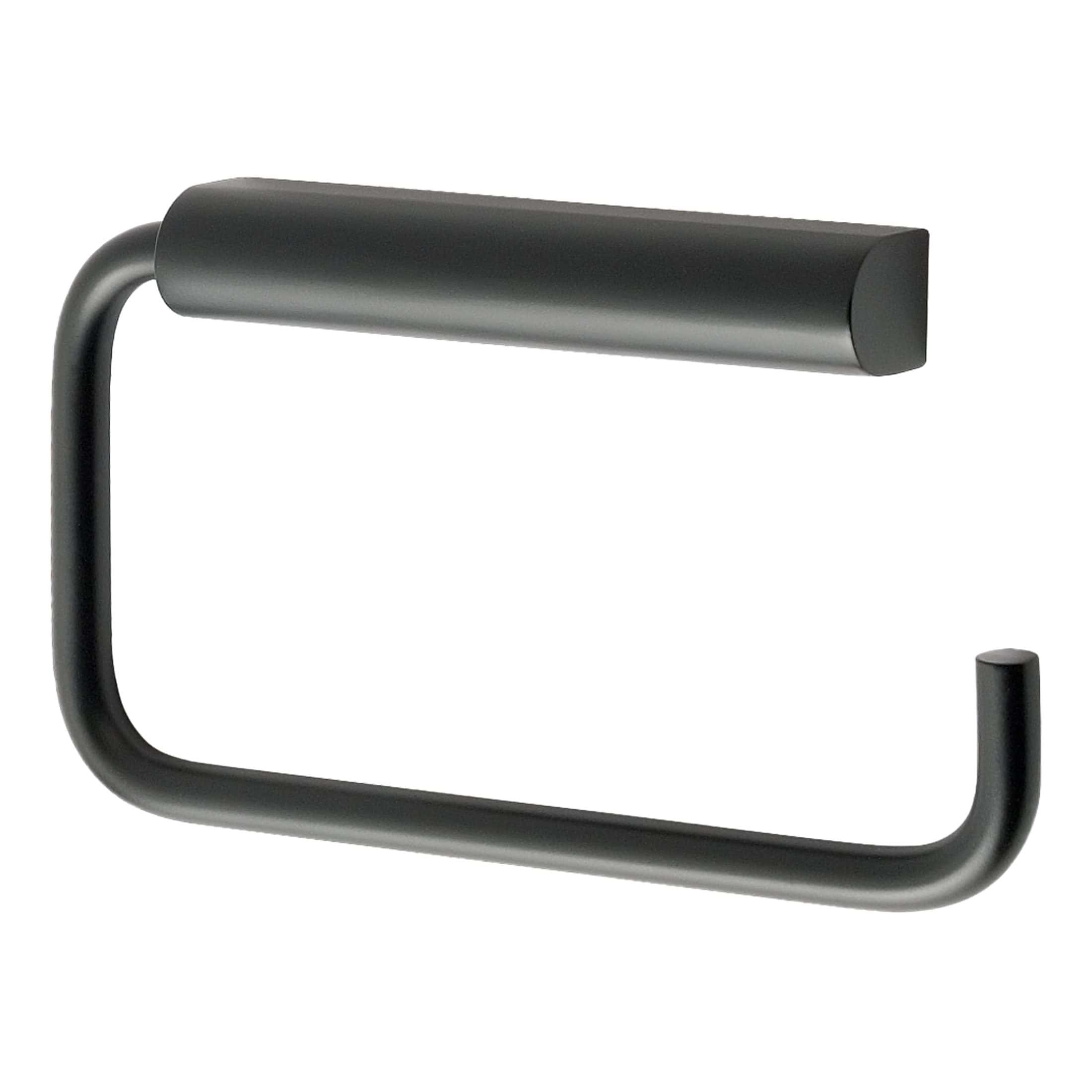 Sleek modern toilet paper holder in matte black finish, designed for contemporary bathrooms, combining style and functionality for a clean, minimalist look.