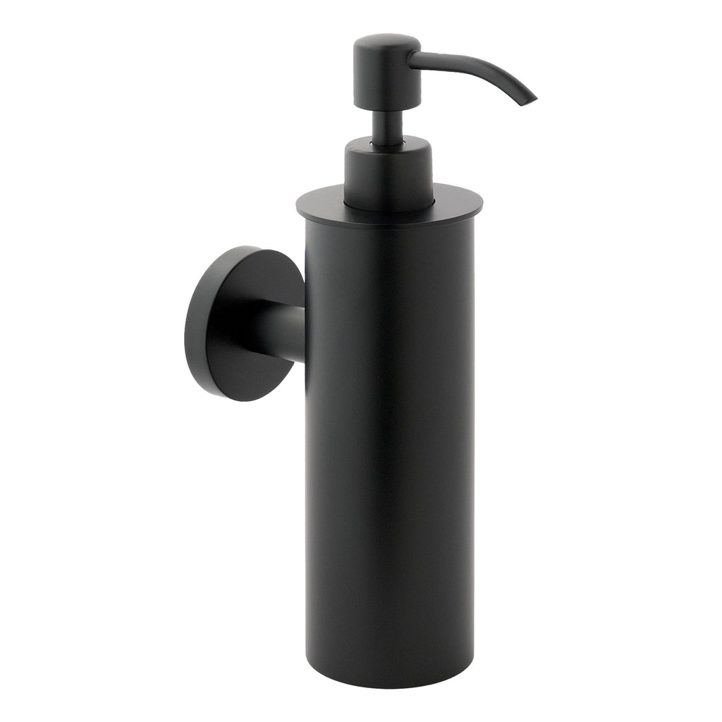Sleek black bathroom soap dispenser with wall mount, modern minimalist design, suitable for bathroom decor and hand hygiene. Durable, stylish, easy to refill.