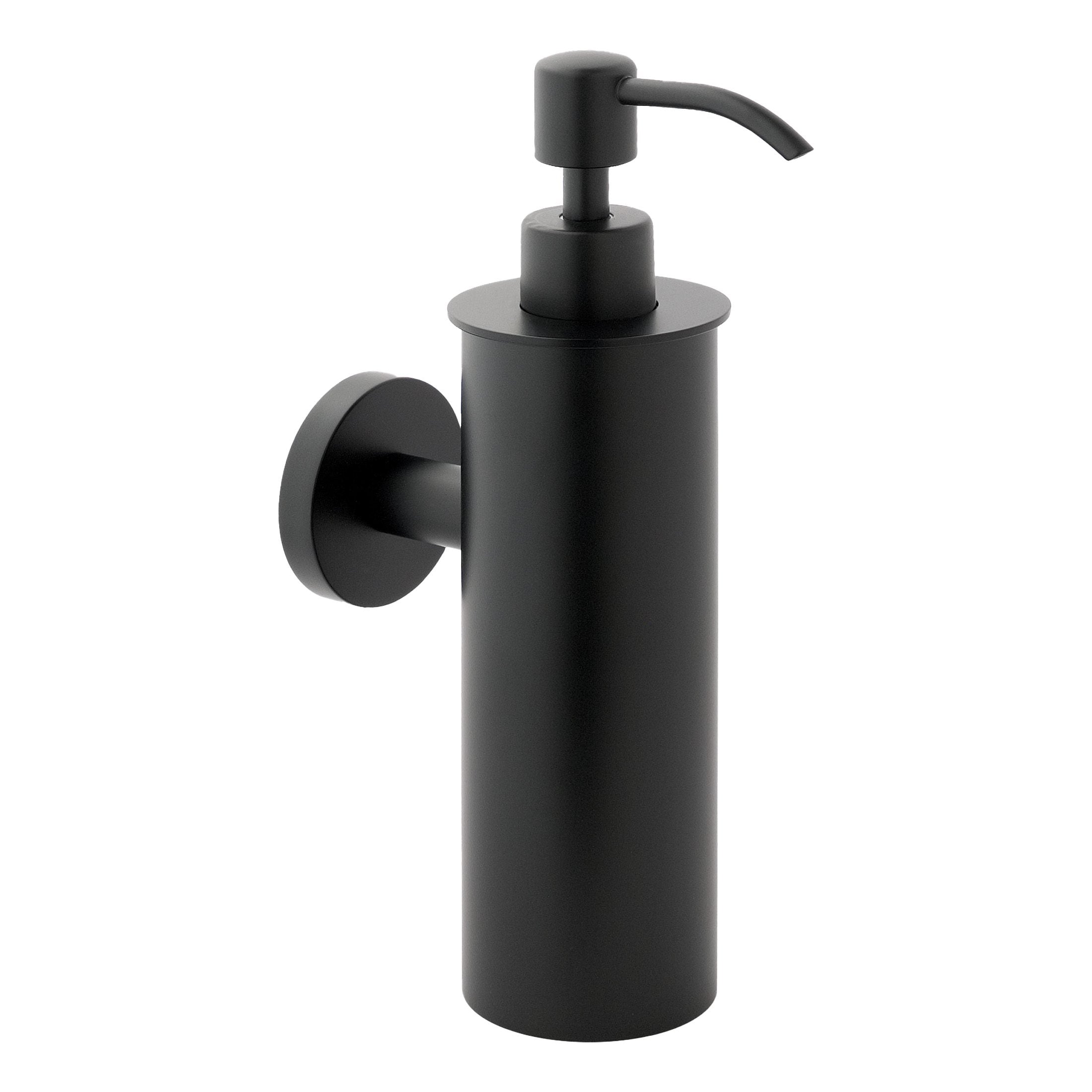 Sleek black bathroom soap dispenser with wall mount, modern minimalist design, suitable for bathroom decor and hand hygiene. Durable, stylish, easy to refill.