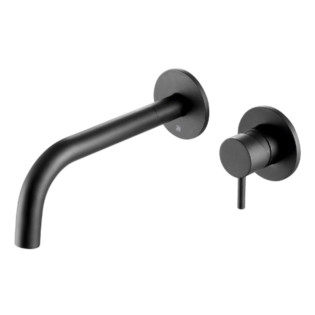 Sleek black wall-mounted kitchen tap with a minimalist design and matching control handle, perfect for modern bathrooms or kitchens. Durable finish suitable for everyday use.