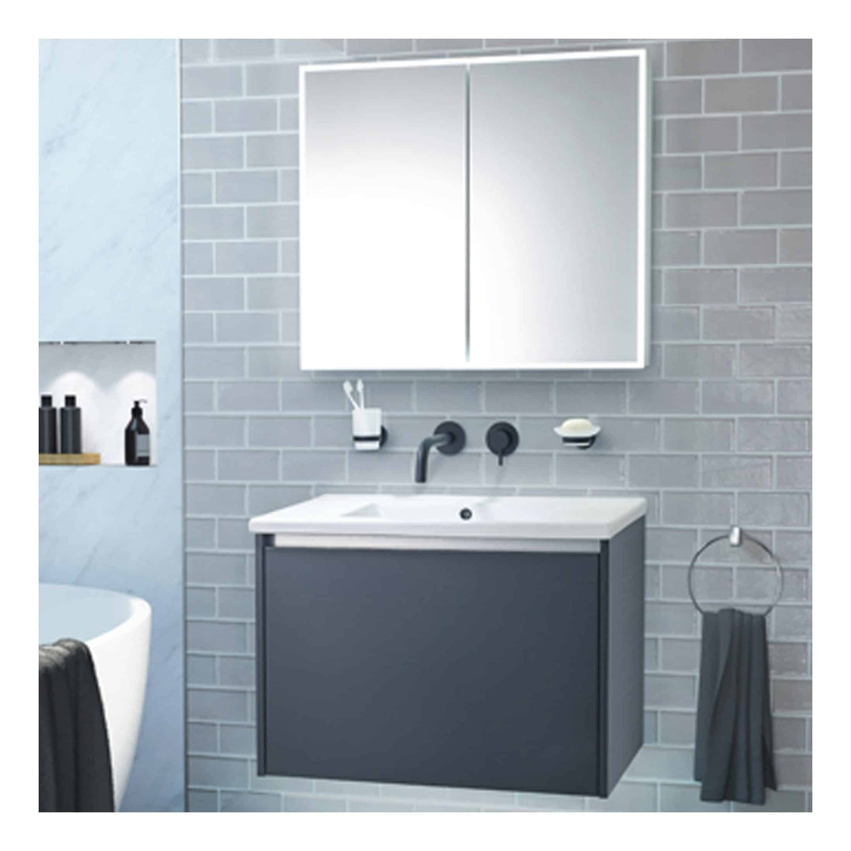 Contemporary bathroom vanity with sleek black cabinet and integrated white sink, complemented by a modern wall-mounted mirror and minimalist accessories, ideal for stylish bathroom renovations.