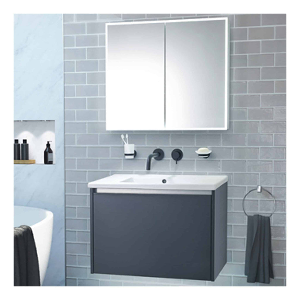 Modern grey bathroom vanity with integrated sink, mirror cabinet, and wall-mounted accessories, ideal for contemporary bathroom designs.