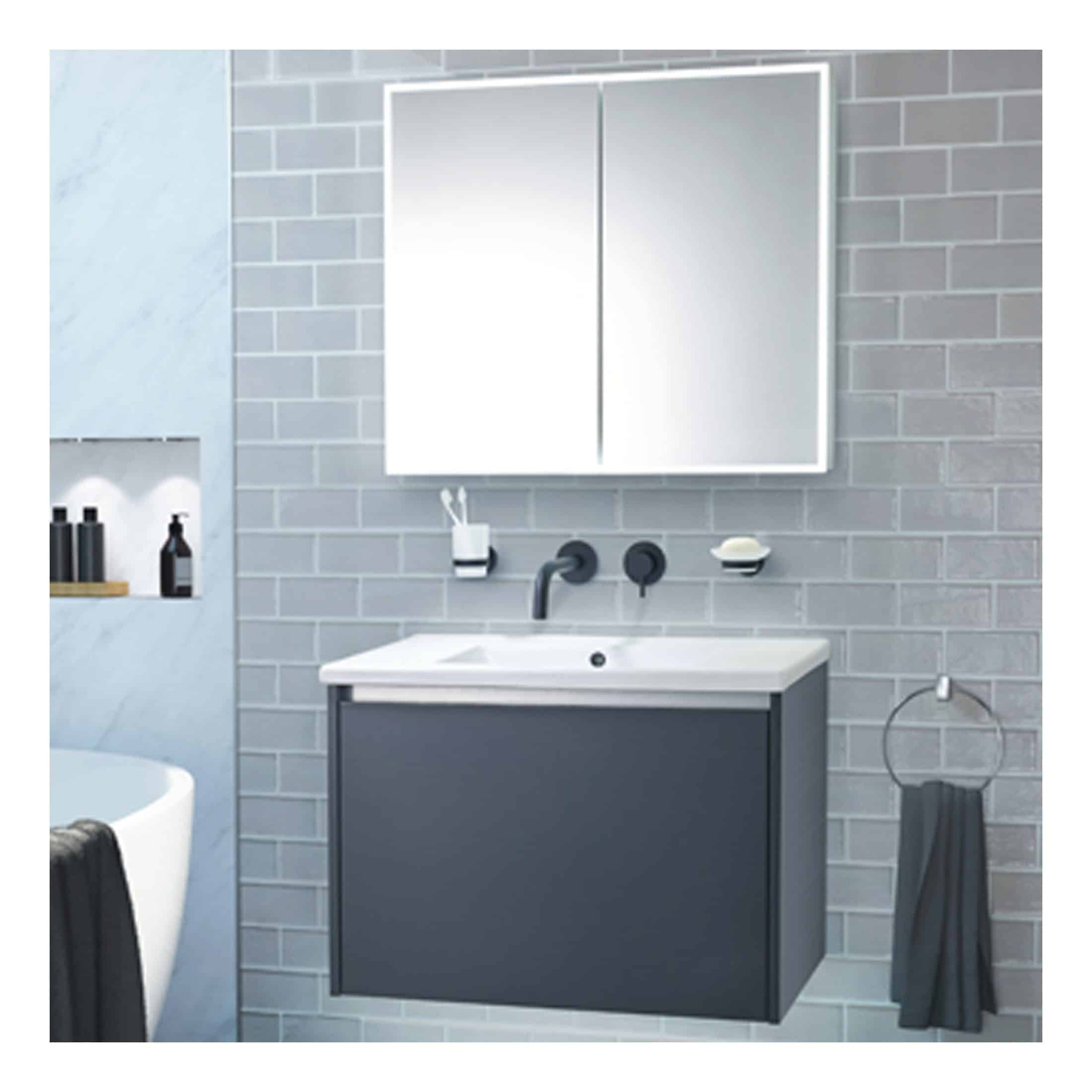 Modern grey bathroom vanity with integrated sink, mirror cabinet, and wall-mounted accessories, ideal for contemporary bathroom designs.