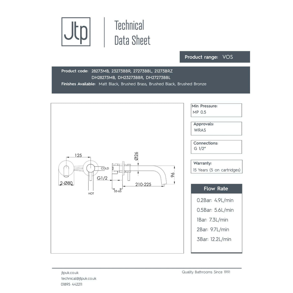 Contemporary bathroom sink tap in Matt Black finish with detailed technical drawing, dimensions, and connection specs for modern bathroom installation.