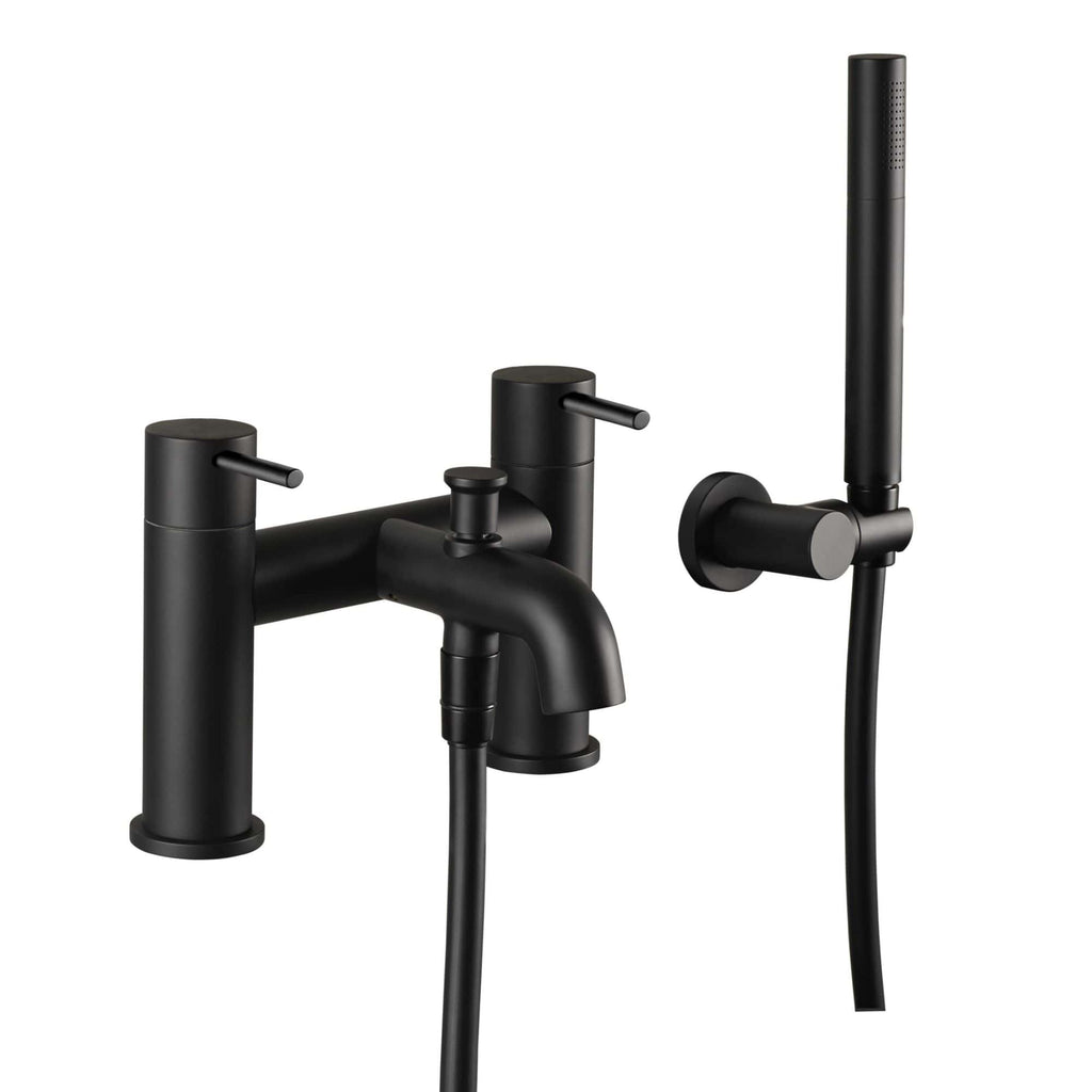 Sleek black bathroom tap set with mixer and matching handheld shower head, designed for modern bathroom interiors for a stylish and functional look.