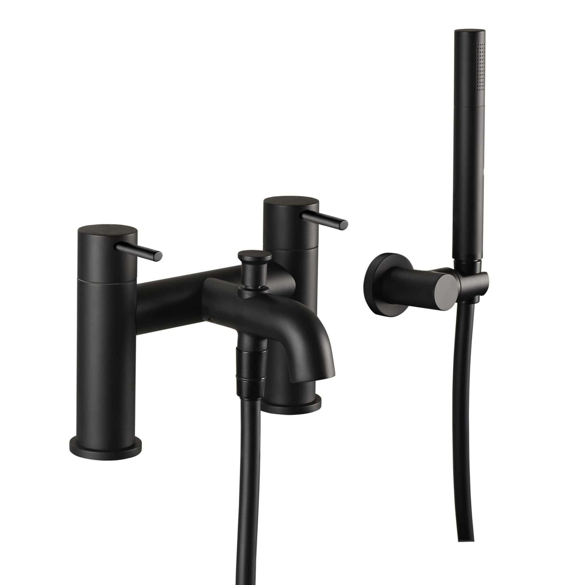 Sleek black bathroom tap set with mixer and matching handheld shower head, designed for modern bathroom interiors for a stylish and functional look.