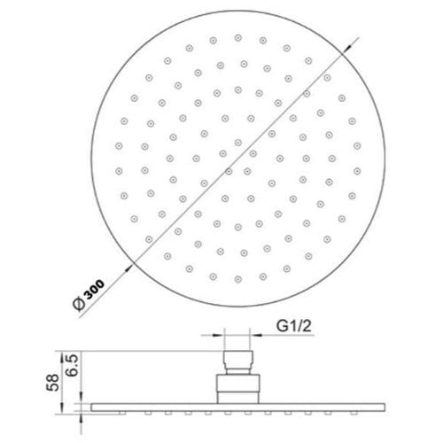 Diagonal shower head with multiple spray nozzles, Ø300mm, chrome finish, suitable for modern bathroom installations, G1/2 connector, 58mm thickness, designed for luxury bathing experience.