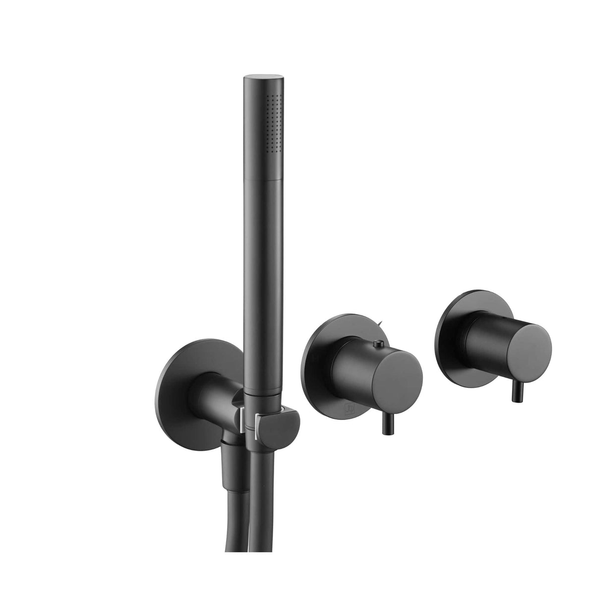 Sleek black bathroom shower set with handheld shower head and wall-mounted controls, modern minimalistic design for contemporary bathrooms.