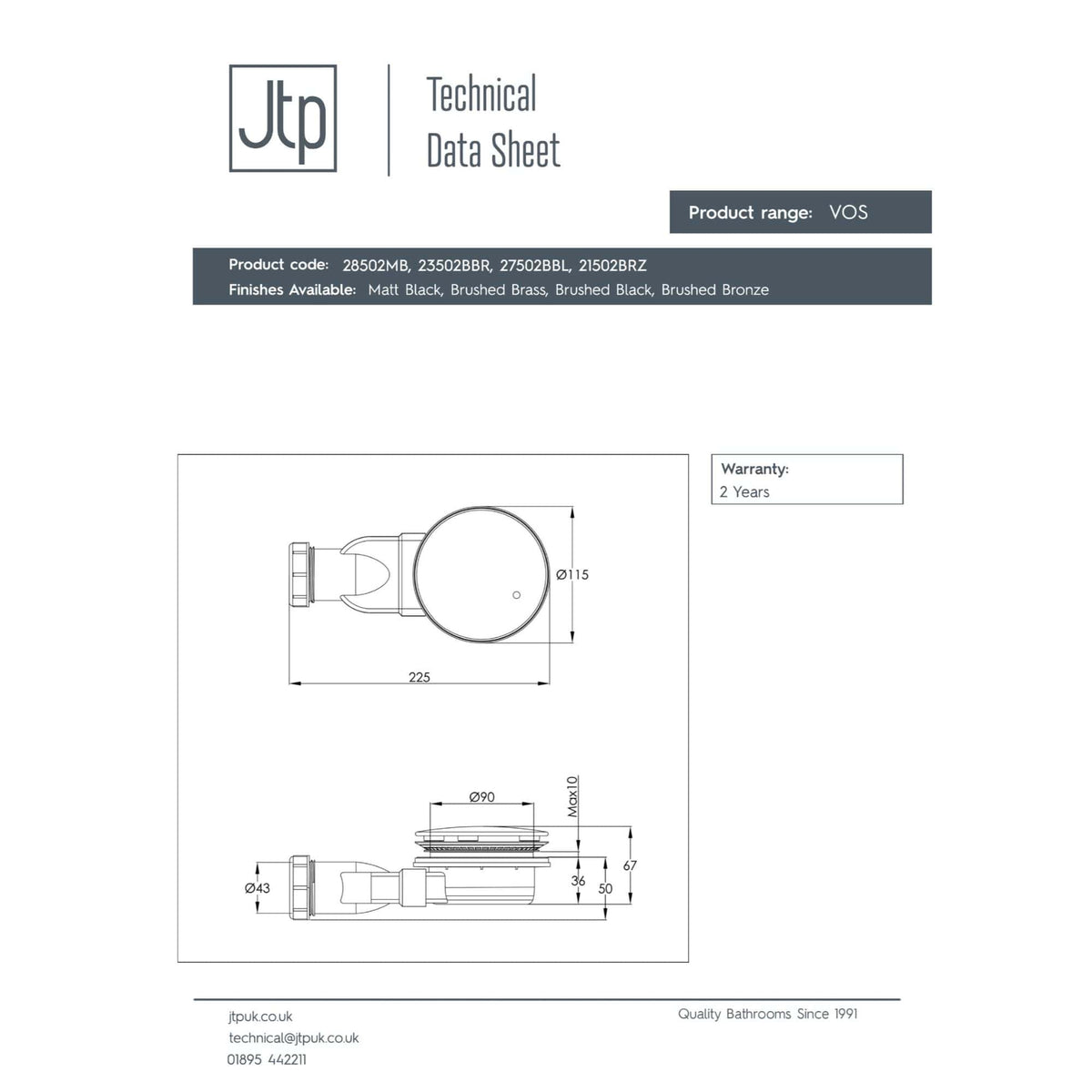 High-quality bathroom waste outlet pipe technical drawing with dimensions and specifications for plumbing installation.