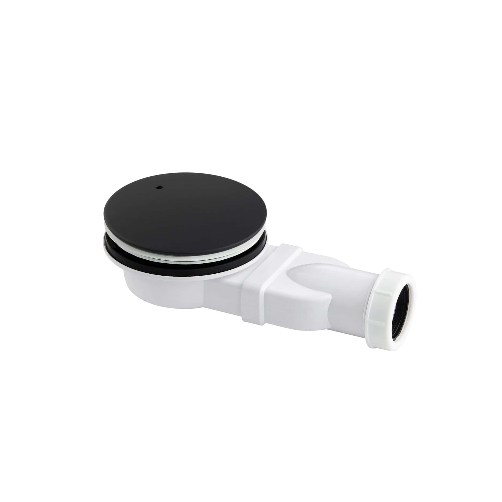 Overflow drain cover for modern bathroom sinks and showers, compatible with Bubly Bathrooms fixtures, durable plastic construction, sleek black and white design for functional bathroom plumbing.