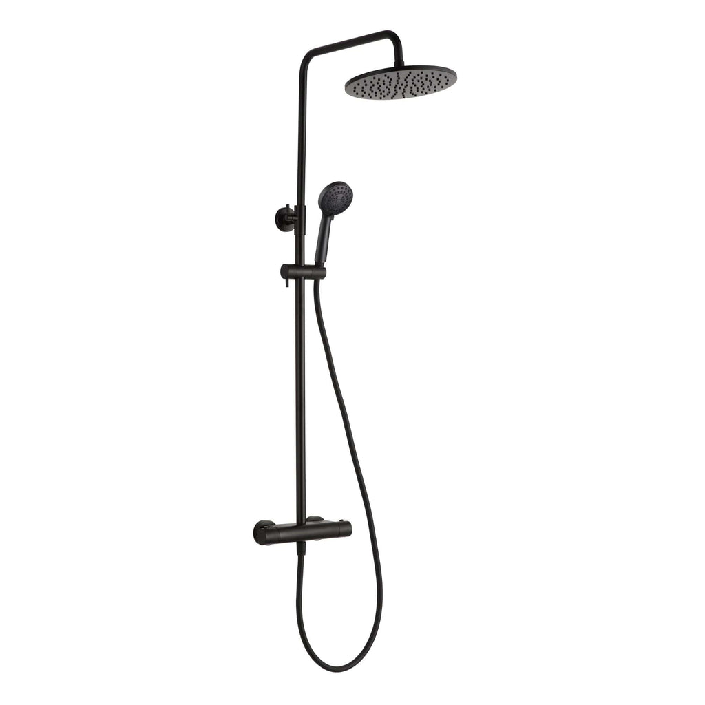Sleek black shower system with rain shower head and handheld shower for modern bathrooms. Durable and stylish, perfect for upgrading your bathroom with quality fixtures.
