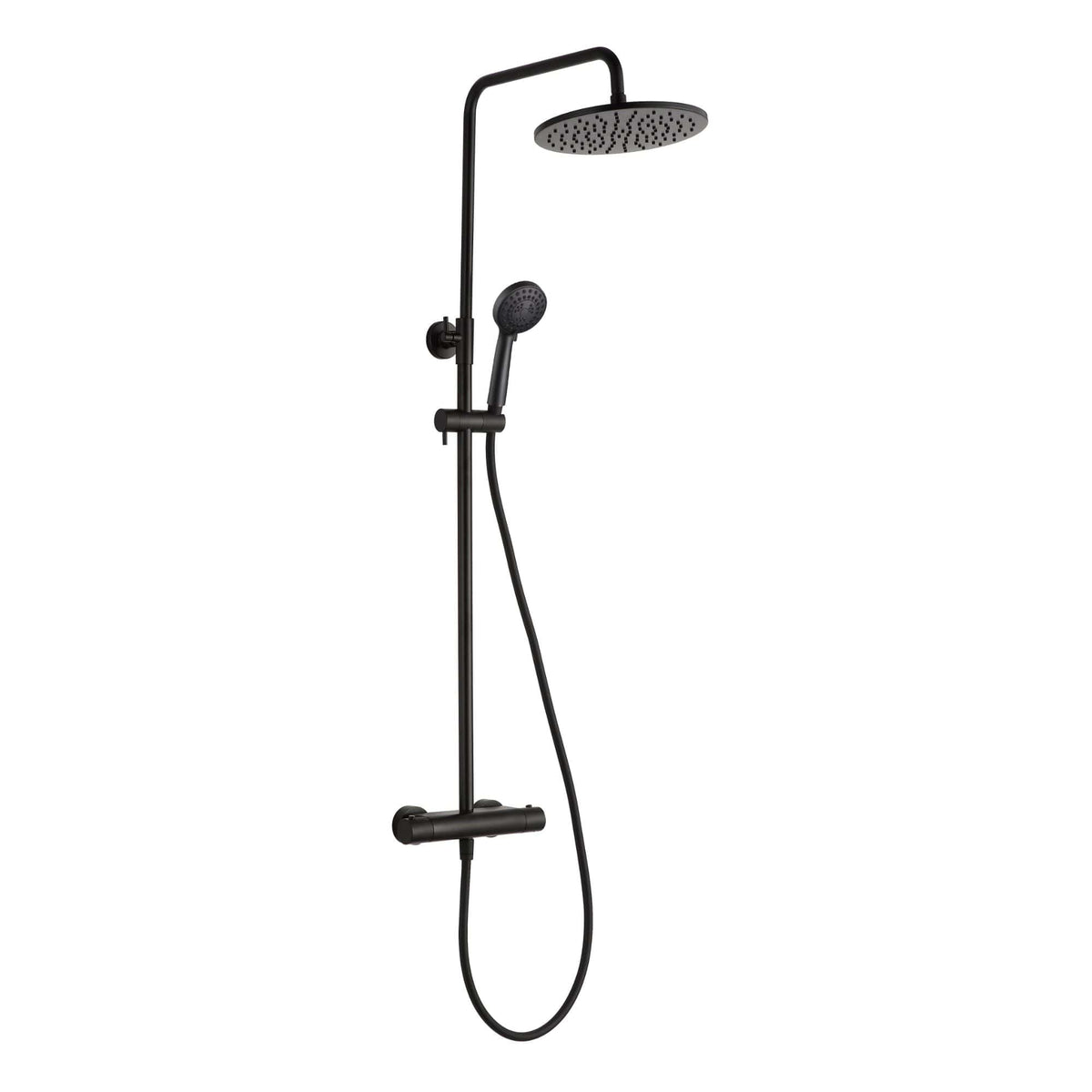 Sleek black shower system with rain shower head and handheld shower for modern bathrooms. Durable and stylish, perfect for upgrading your bathroom with quality fixtures.