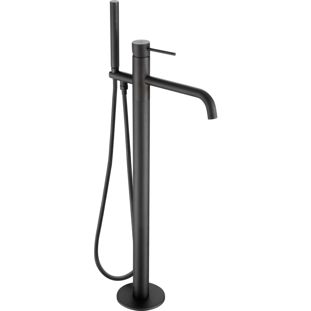 Sleek black freestanding bathroom tap with integrated hand shower for modern bathroom design and flexible water control.