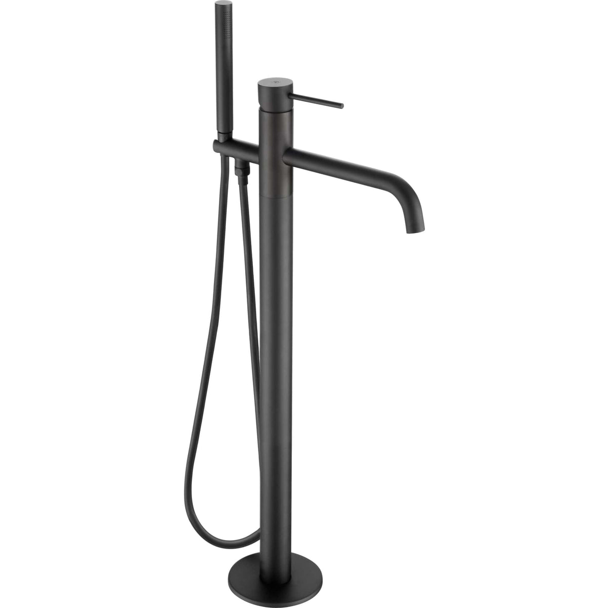 Sleek black freestanding bathroom tap with integrated hand shower for modern bathroom design and flexible water control.