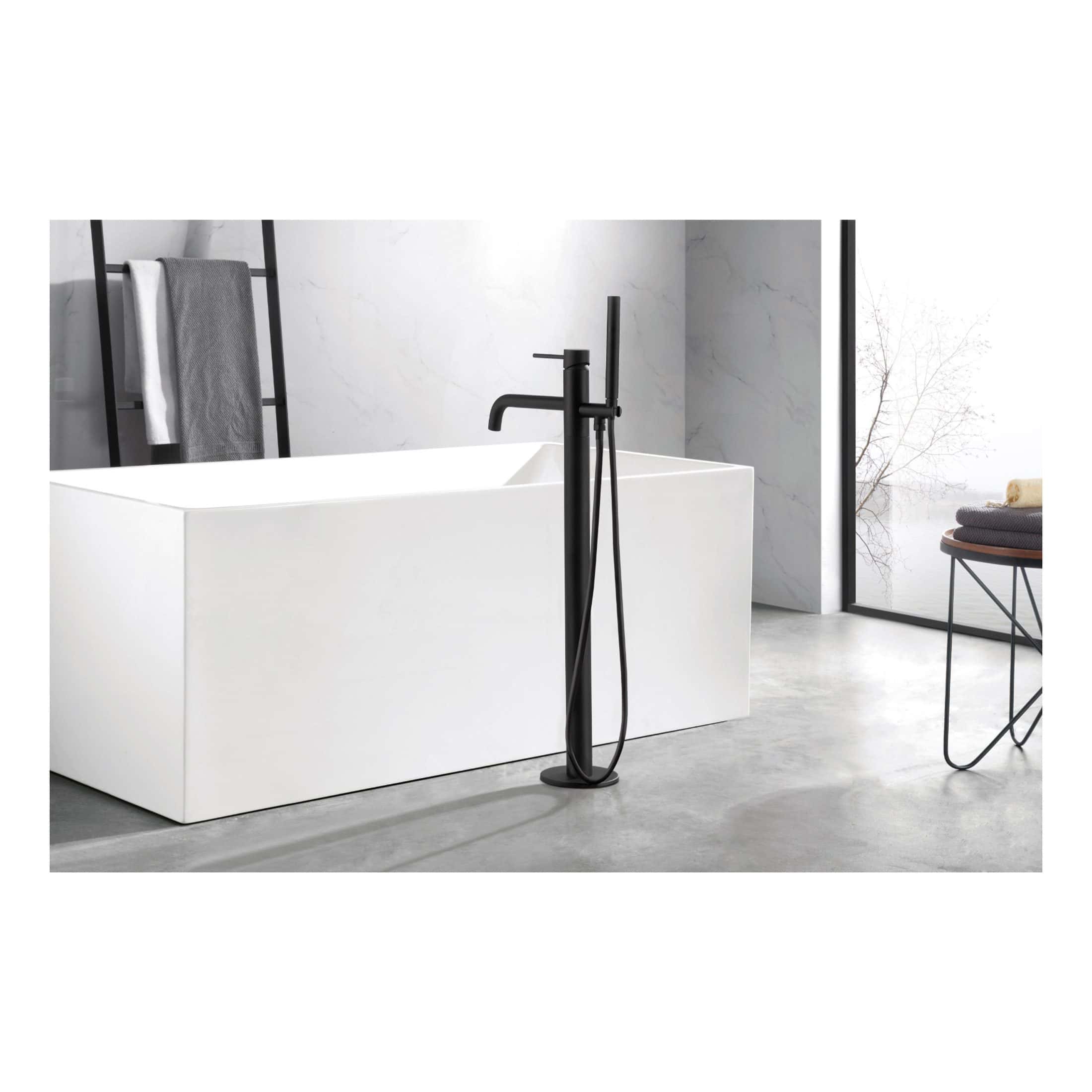 Elegant black freestanding bath filler and shower set with a modern minimalist design, perfect for contemporary bathrooms, providing a sleek look and versatile functionality.