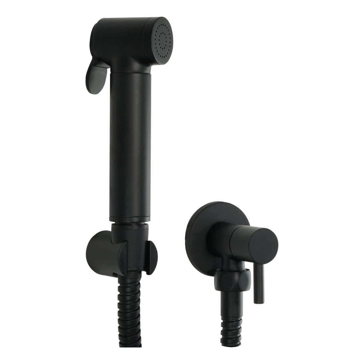 Black hand-held shower head with adjustable holder, modern bathroom bathroom fixtures, sleek matte black design for stylish bathroom upgrades, perfect for contemporary bathroom interiors.