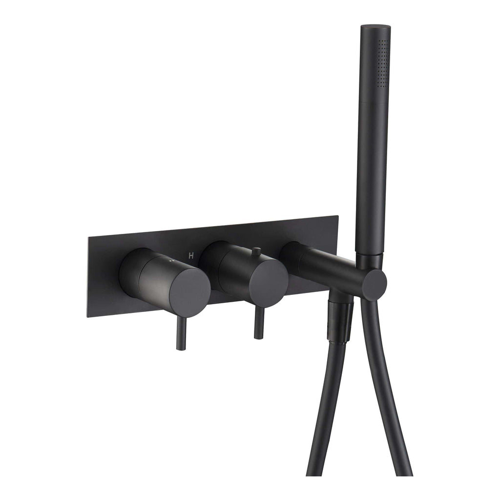 Black matte wall-mounted shower with adjustable handheld head and thermostatic controls for modern bathroom aesthetics. Suitable for contemporary Bubly Bathrooms installations.