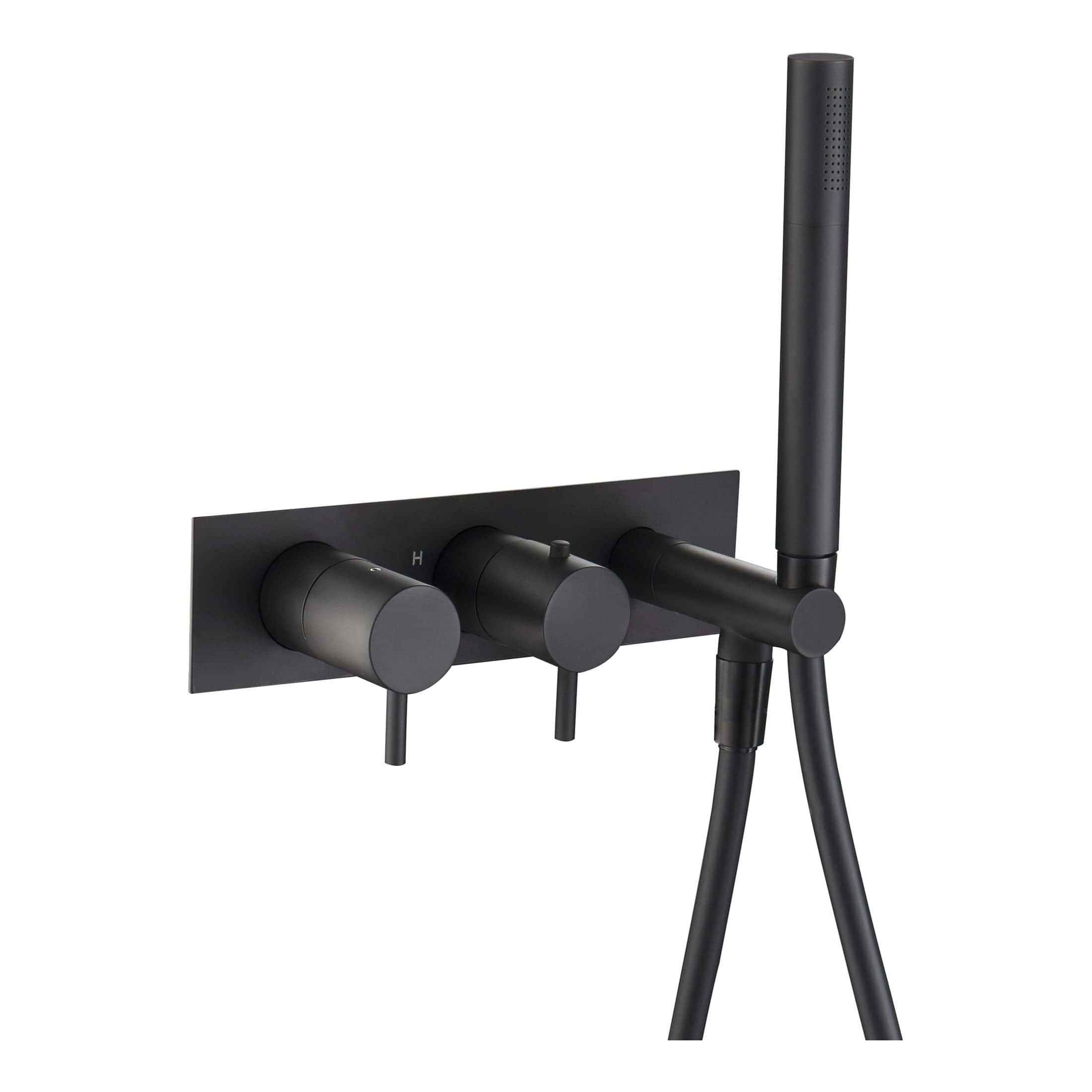 Black matte wall-mounted shower with adjustable handheld head and thermostatic controls for modern bathroom aesthetics. Suitable for contemporary Bubly Bathrooms installations.