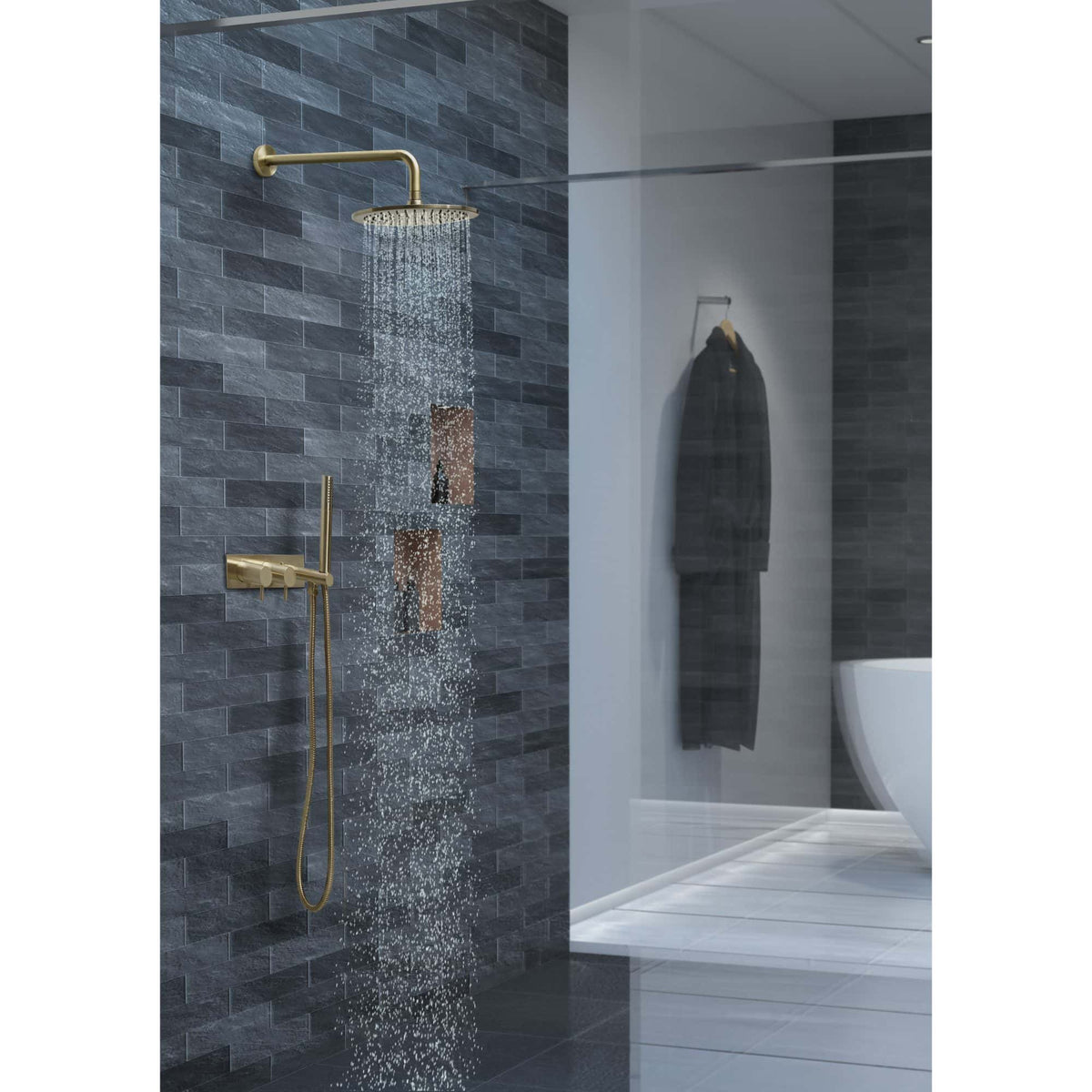 Elegant gold-finish rainfall showerhead in modern bathroom with dark grey tiled wall and minimalistic design.