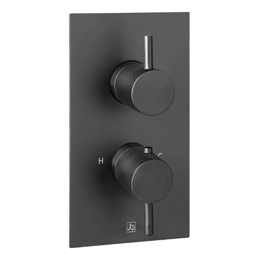 Sleek black thermostatic shower control panel with two adjustable dials for precise water temperature and flow regulation, ideal for modern bathroom renovations.