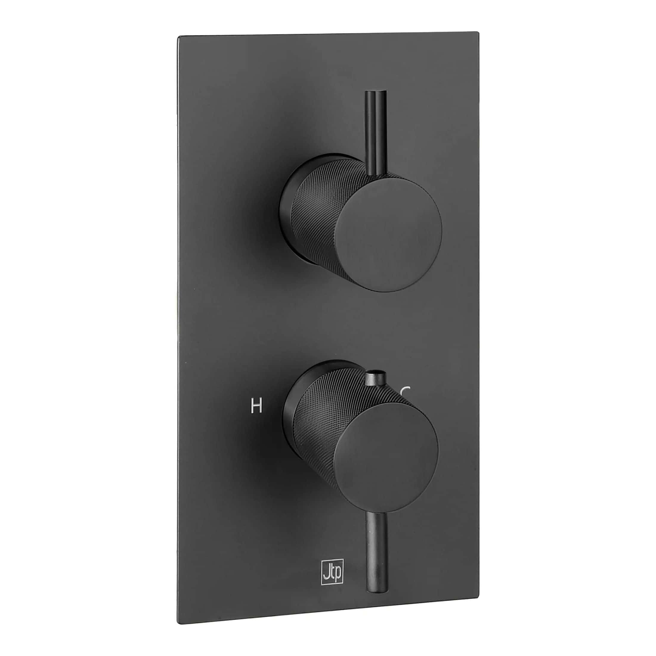 Sleek black shower valve with dual controls, ideal for modern bathrooms, offering precise temperature and flow adjustment for a comfortable shower experience.