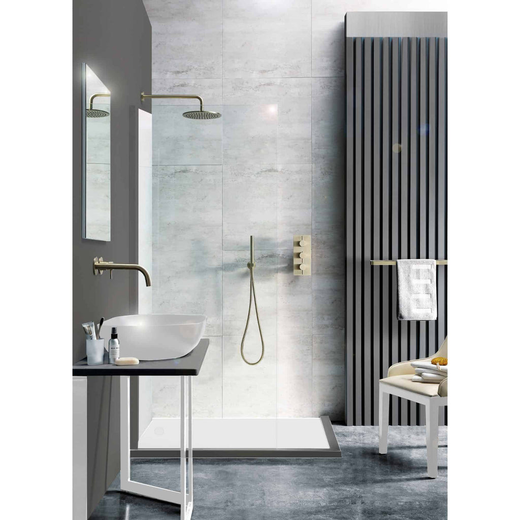 Modern minimalist bathroom with walk-in shower, grey tiled walls, sleek black vanity, and contemporary fixtures, exemplifying stylish and functional Bubly Bathrooms design.