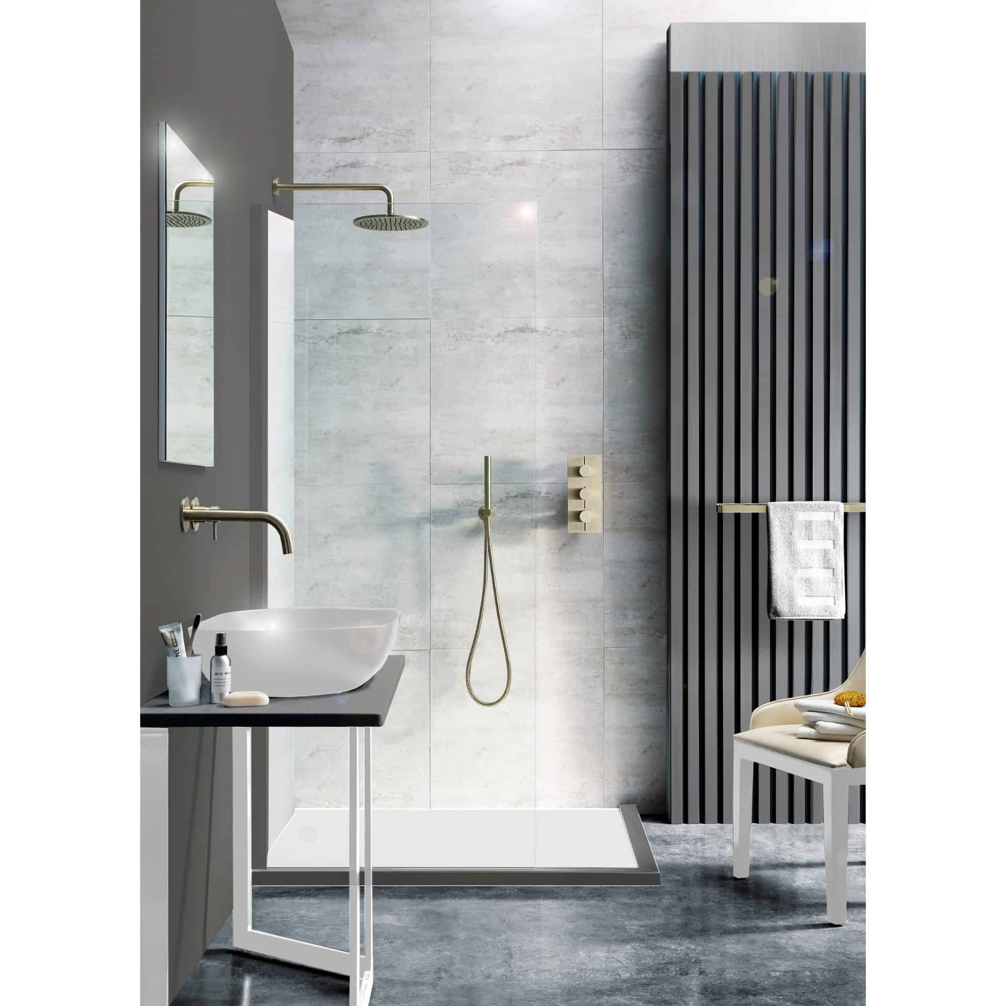 Modern minimalist bathroom with walk-in shower, grey tiled walls, sleek black vanity, and contemporary fixtures, exemplifying stylish and functional Bubly Bathrooms design.