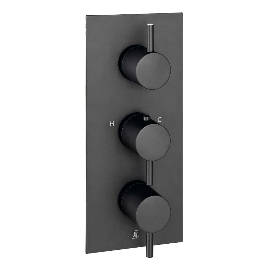 Sleek black shower thermostat control panel with three knobs for temperature, flow, and settings, ideal for modern minimalist bathroom designs.