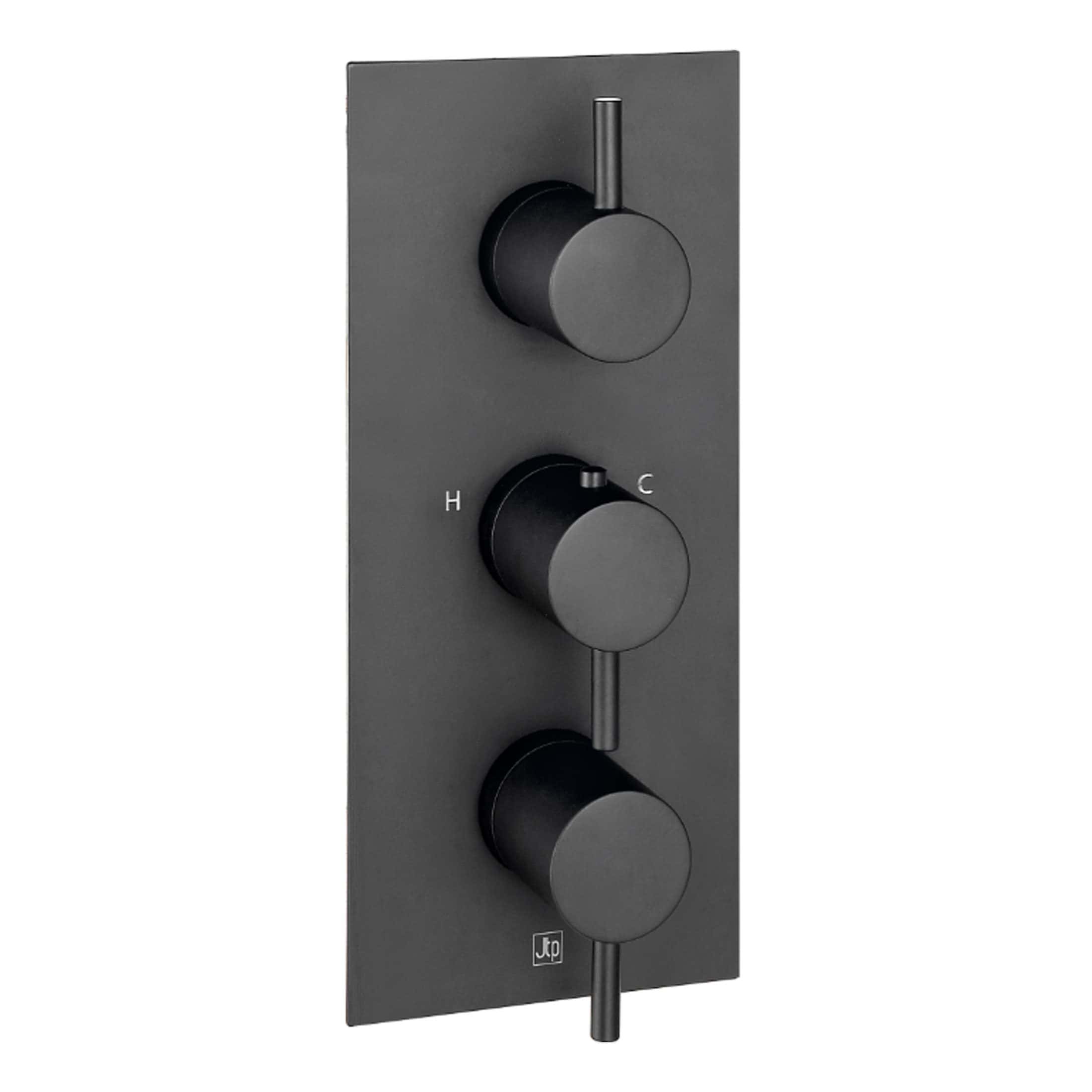 Sleek black shower thermostat control panel with three knobs for temperature, flow, and settings, ideal for modern minimalist bathroom designs.