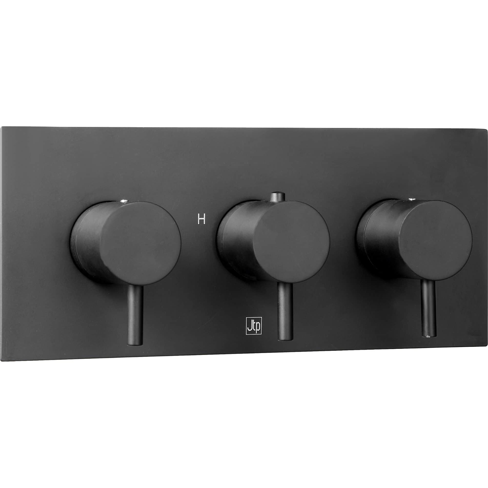Sleek black bathroom radiator and controls, modern design by Bubly Bathrooms, ideal for contemporary bathrooms, featuring three dials for optimal temperature control and efficient heating solutions.