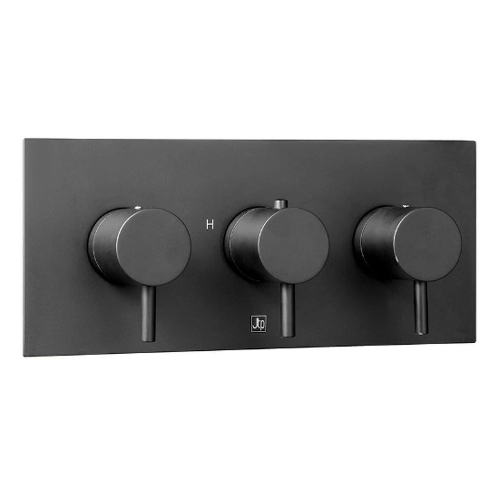 Sleek black radiator control panel with three adjustable dials for temperature and heat settings, modern bathroom accessories, stylish design for contemporary bathroom decor.