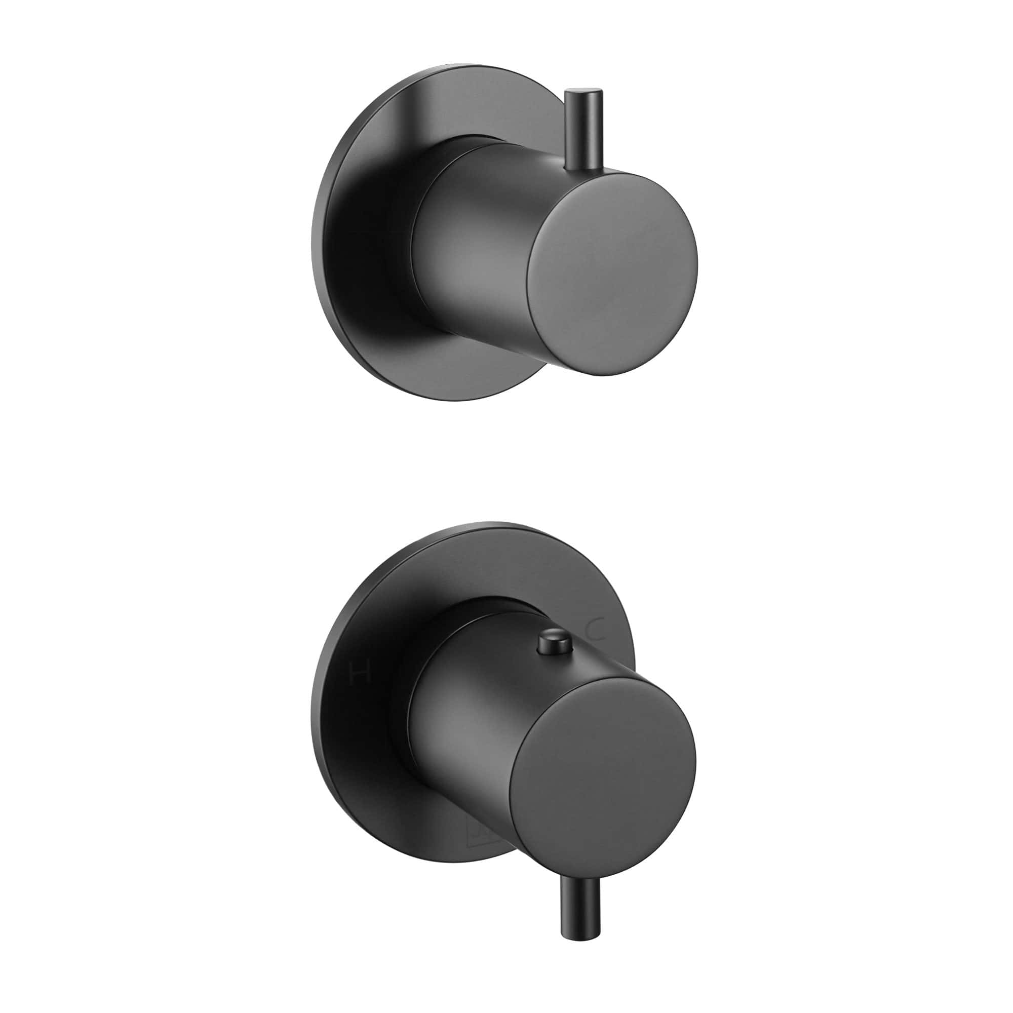 Sleek black modern shower thermostatic valve and control panel for contemporary bathroom design, ensuring precise water temperature adjustment and stylish minimalist aesthetics.