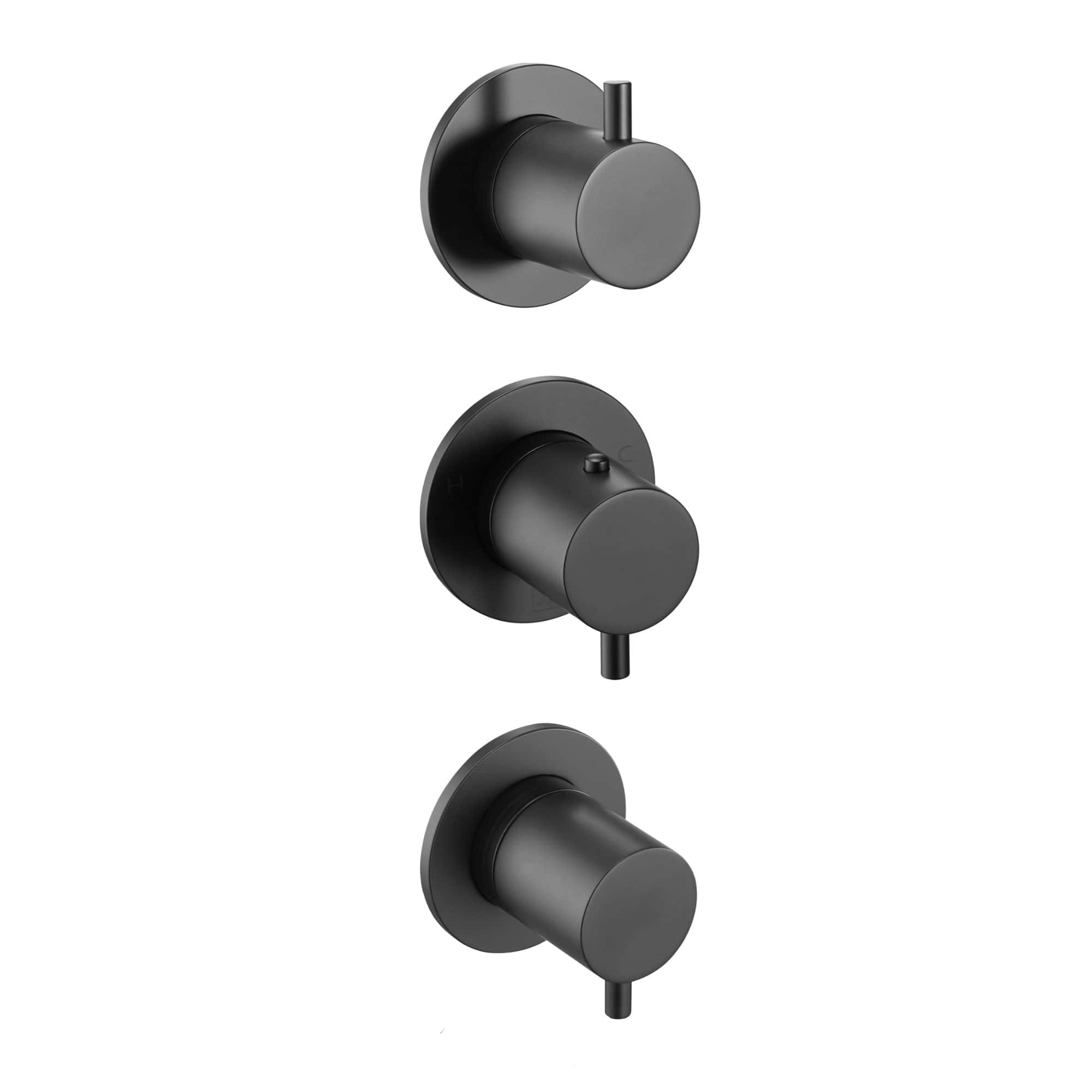 Sleek black modern shower controls set with three round knobs for precise temperature and water flow adjustment, ideal for contemporary bathroom bathrooms.